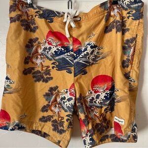 Modern Amusement Mustard Swim Shorts with Red & Navy Wave Tiger Print Size Med